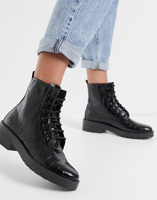 Topshop lace up boots in black croc