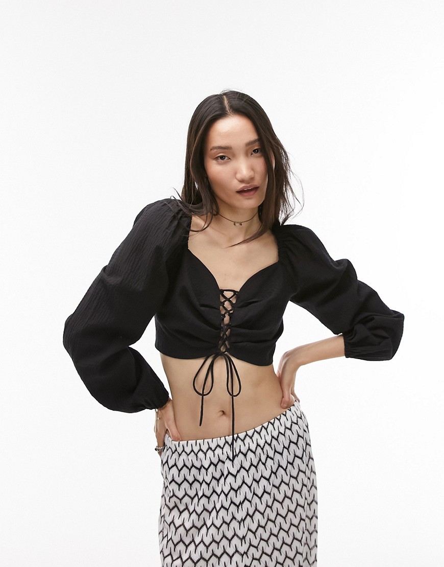 Topshop lace up long sleeve top in black