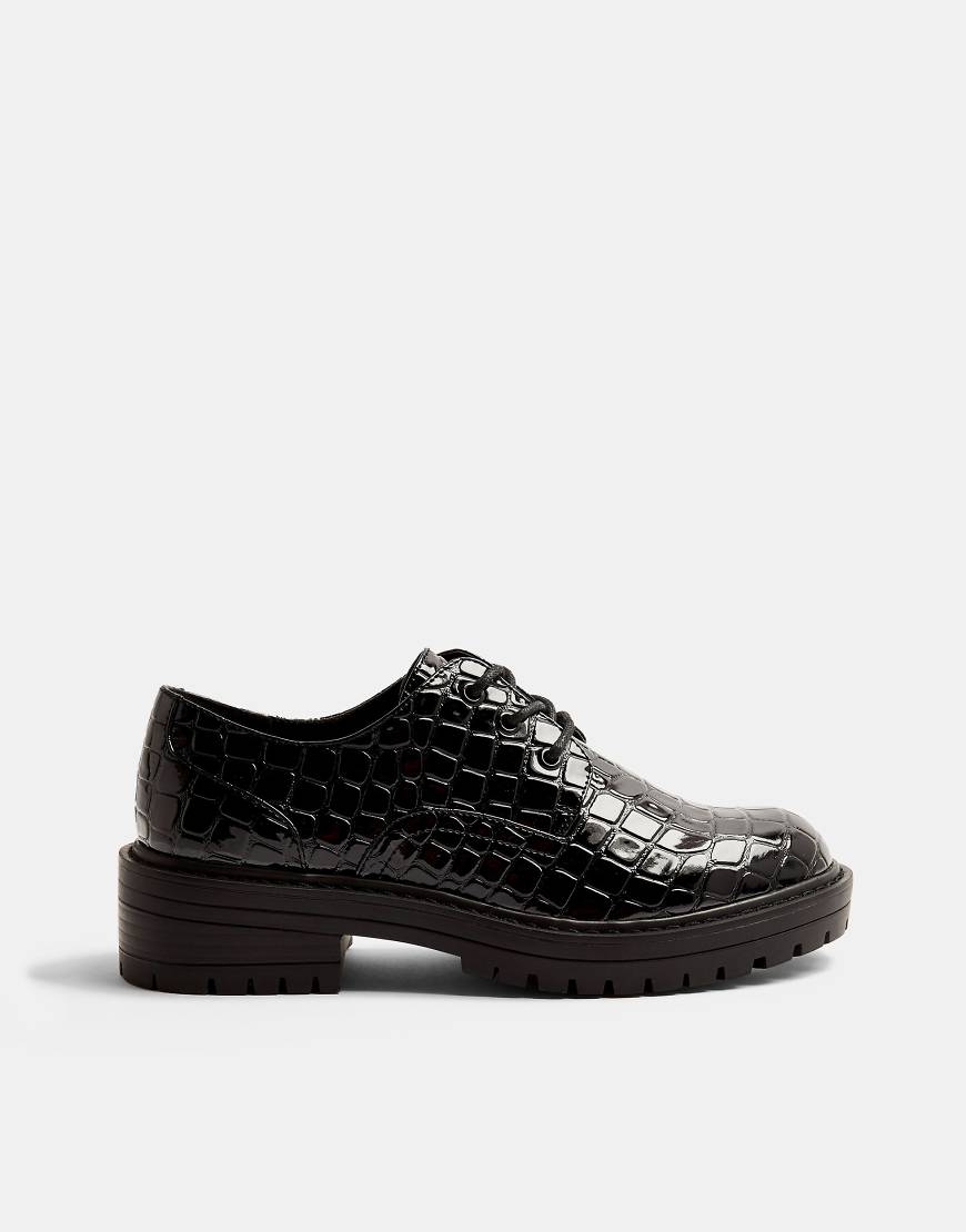 Topshop lace up patent croc brogues in black-Blues