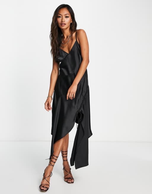 Topshop lace up satin midi slip dress in black