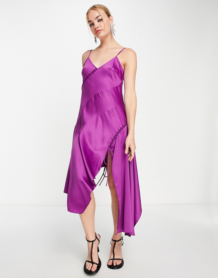 Topshop lace up satin midi slip dress in purple