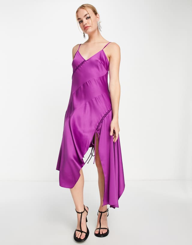 Topshop lace up satin midi slip dress in purple