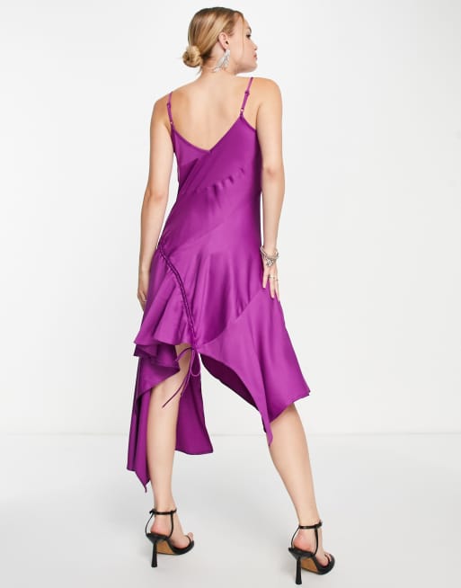 Topshop lace up satin midi slip dress in purple