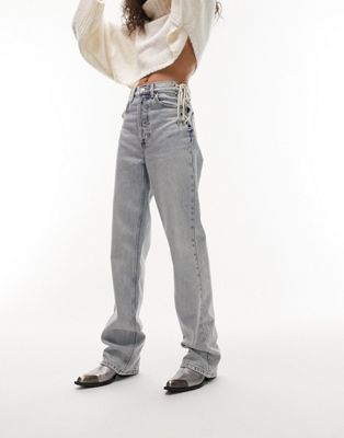 Topshop lace up side straight kort jeans in bleach