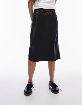 Topshop Lace Waistband Insert 90s Length Satin Bias Skirt In Black