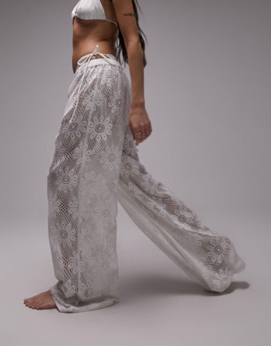 lace wide leg beach pants in white