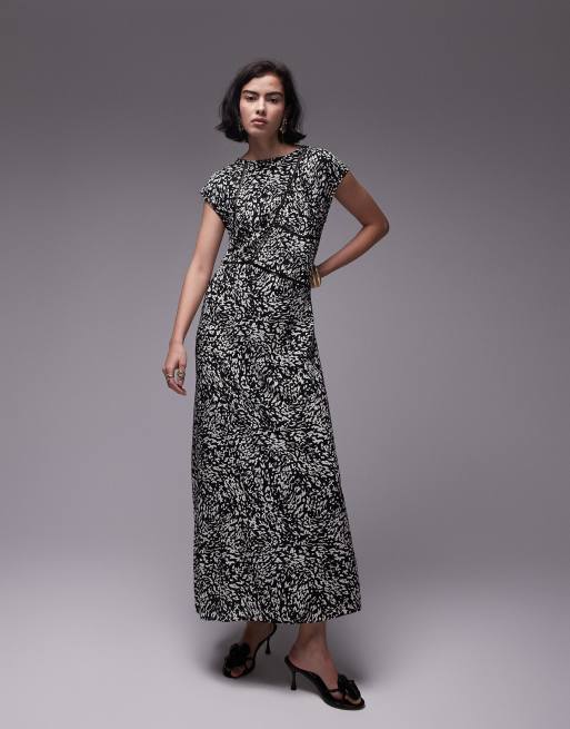 Topshop ladder trim column midi dress in mono animal print