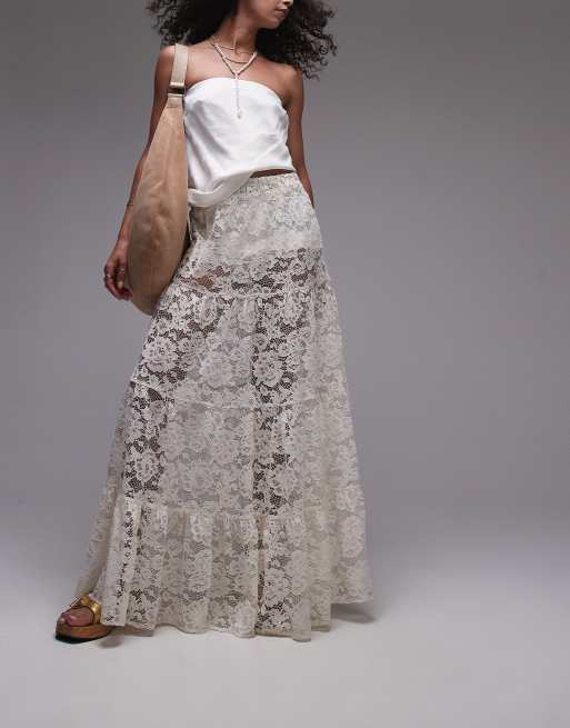 Topshop - Lagdelt maxinederdel i elfenbenshvidt blondestof, 3 af 5
