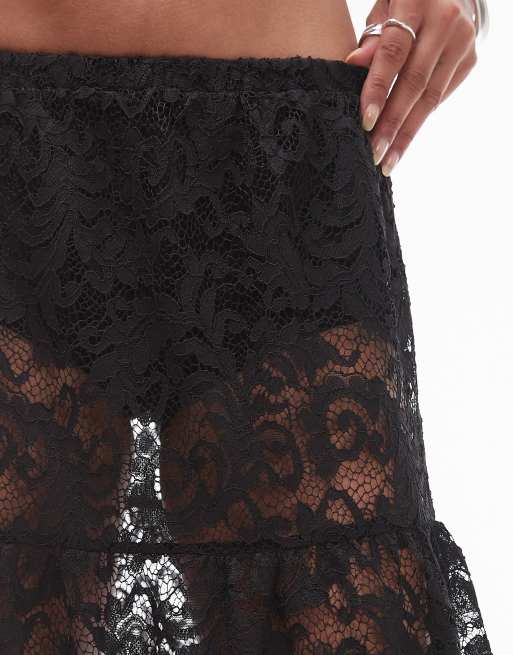 Topshop - Lagdelt maxinederdel i sort, gennemsigtigt blondestof, 3 af 5