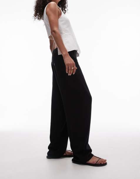 Topshop - Lage broek van linnenmix met knopen in zwart - view 1
