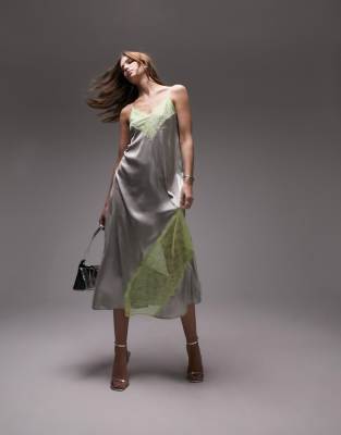 Topshop Topshop lame and lace cami midi dress in silver and lime