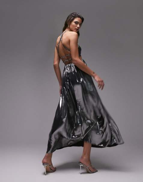 Topshop – Lame – Silbernes Maxikleid aus Metallic-Gewebe mit Schlüssellochausschnitt und Gummizug - view 1