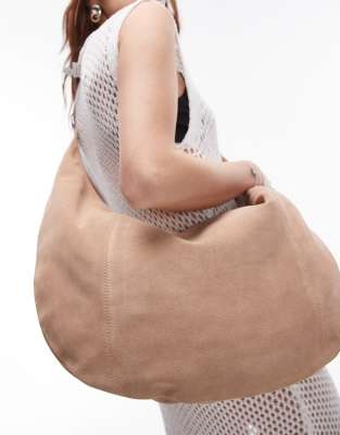 Topshop - Lana - Abgerundete Oversize-Schultertasche aus Wildleder in Beige-Bunt