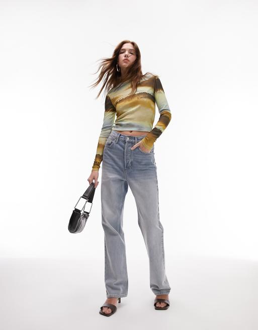 Topshop landscape long sleeve mesh top in multi | ASOS