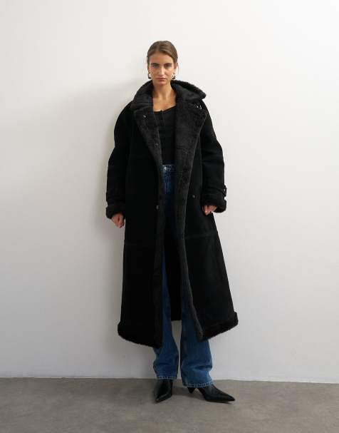 Topshop lang coat med teddykant og ståkrave i sort - view 1