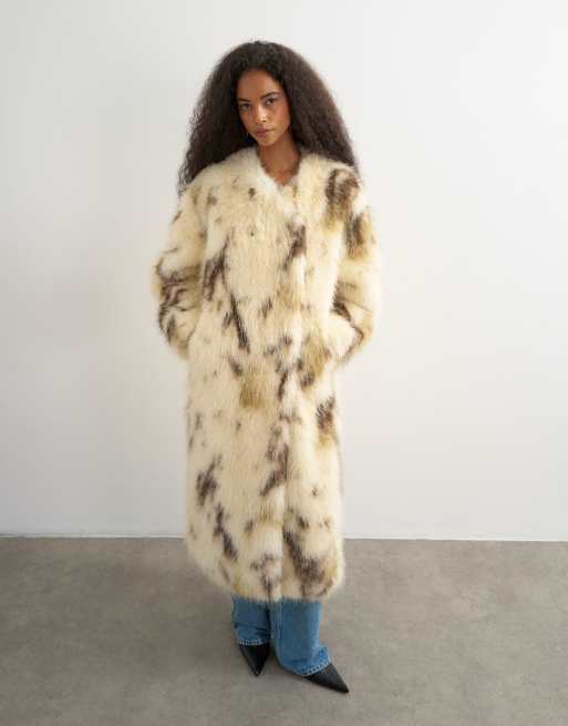 Topshop lang faux fur-frakke i cow, 2 af 4
