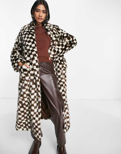 Topshop - Lang frakke imiteret pels med skakternet print, 4 af 4
