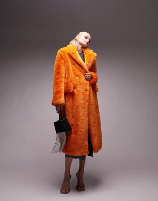 Topshop - Lang geschnittener Oversize-Mantel aus Kunstpelz in leuchtendem Orange