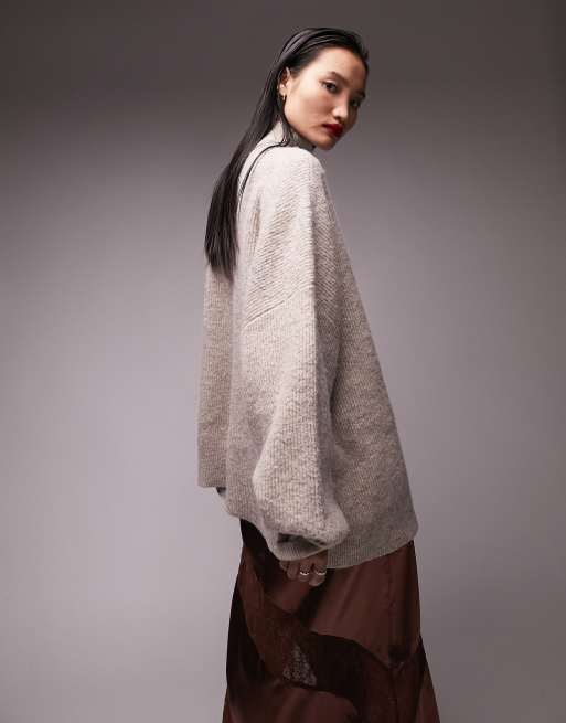 Topshop – Lang geschnittener Strickpullover in Hellbeige mit Stehkragen, 3 von 4