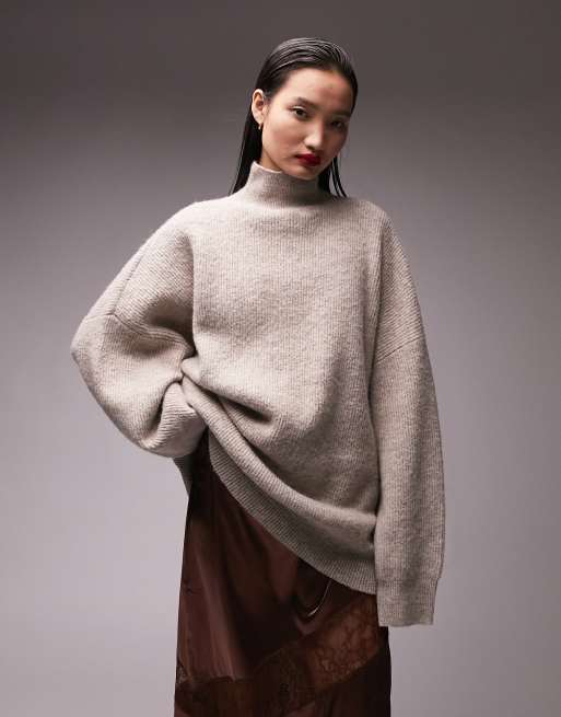 Topshop – Lang geschnittener Strickpullover in Hellbeige mit Stehkragen, 4 von 4