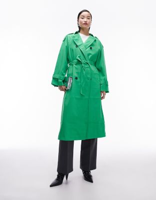 Topshop - Lang geschnittener Trenchcoat in Grün