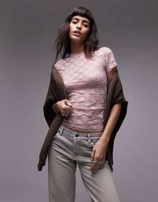 Topshop - Lang geschnittenes Spitzen-T-Shirt in Rosa