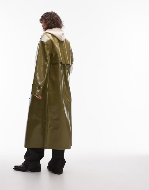 Topshop - Lang og kakifarvet vinyl-frakke, 3 af 4