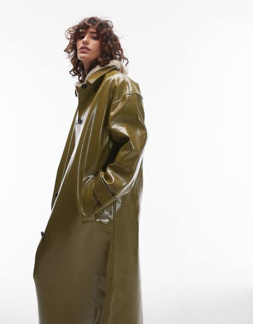 Topshop - Lang og kakifarvet vinyl-frakke, 4 af 4