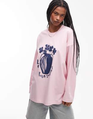 Topshop - Langarm-Skater-Oberteil in Rosa mit „Le Printemps"-Grafik