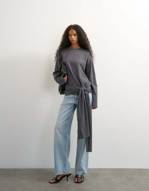 Topshop långärmad topp med knytband i midjan i charcoal, 2 av 4
