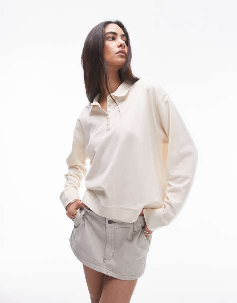 Topshop – Langärmlig Boxy Fit Polo-Oberteil in Ecru - view 1