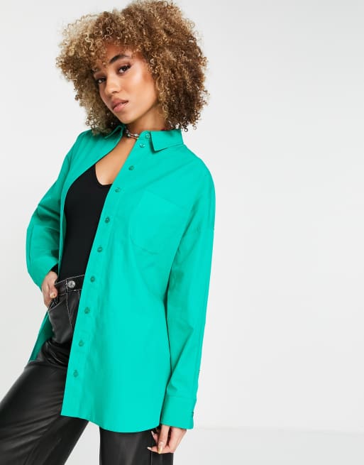 Topshop – Langärmlige Popelinebluse im Boyfriend-Style in Grün