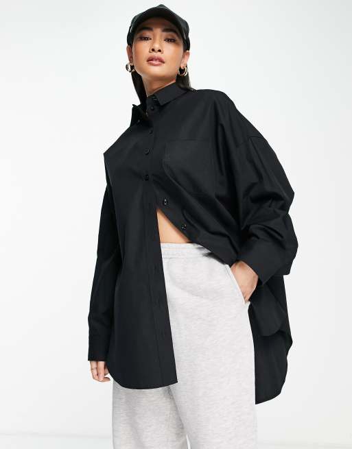 Topshop – Langärmlige Popelinebluse im Boyfriend-Style in Schwarz 