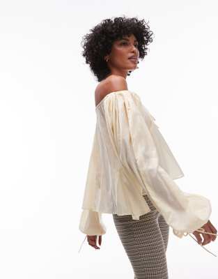 Topshop - Langärmlige Trapez-Bluse in Buttermilchgelb mit Bindedetails