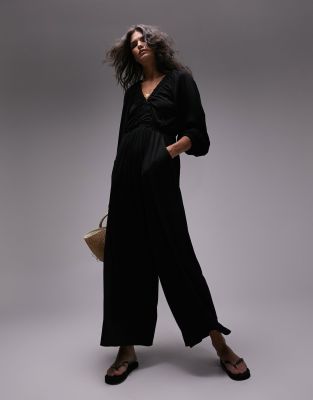 Topshop - Langärmliger Jumpsuit aus schwarzem Jersey-Black