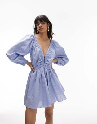 Topshop - Langärmliger Playsuit in Blau mit elastischem Tunnelzug