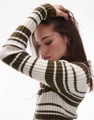 Topshop - Langärmliger Strickpullover mit Streifen in verschiedenen Farben und Knopfleiste-Bunt