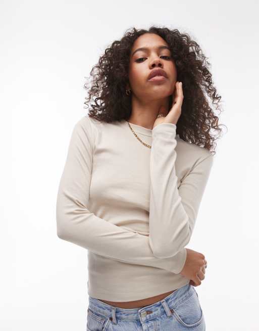 Topshop – Langärmliges Alltags-Shirt in Steinbeige