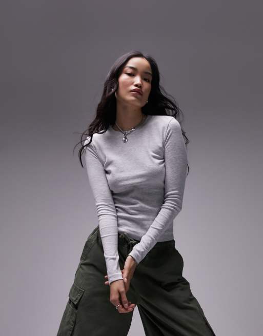 Topshop – Langärmliges Alltags-T-Shirt in Grau meliert