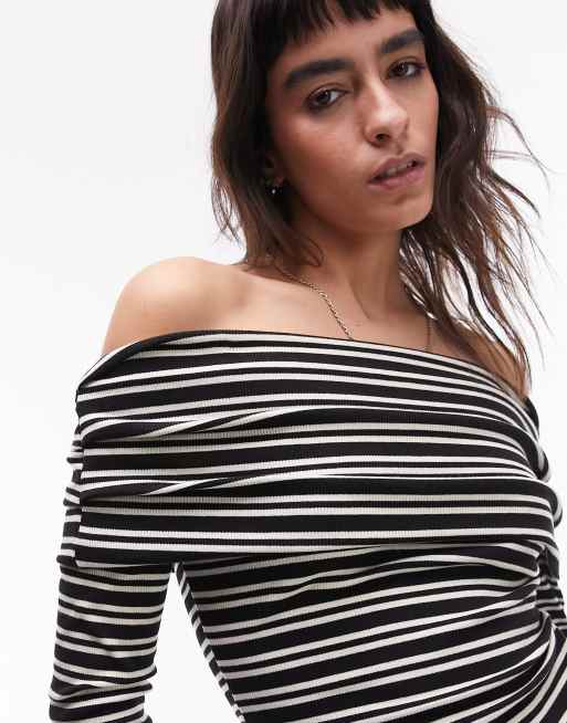 Topshop Langarmliges Bardot Shirt in Schwarz und WeiB gestreift ASOS