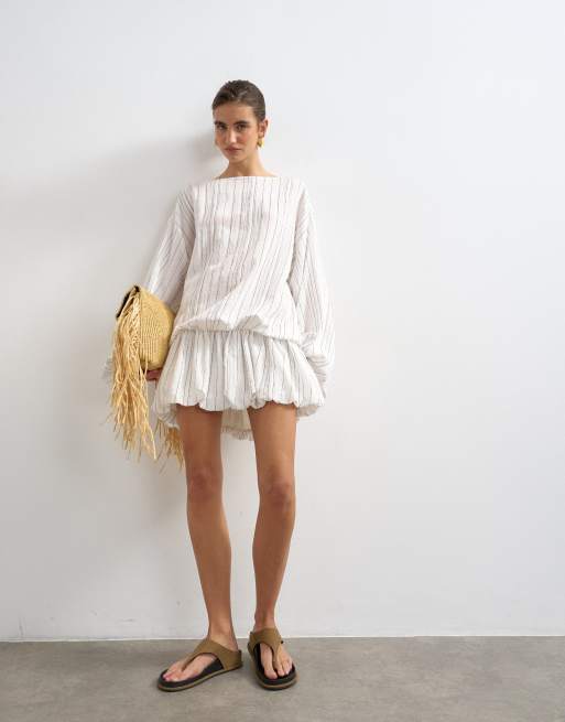 Topshop – Langärmliges Blouson-Minikleid in gestreiftem Weiß, 2 von 4