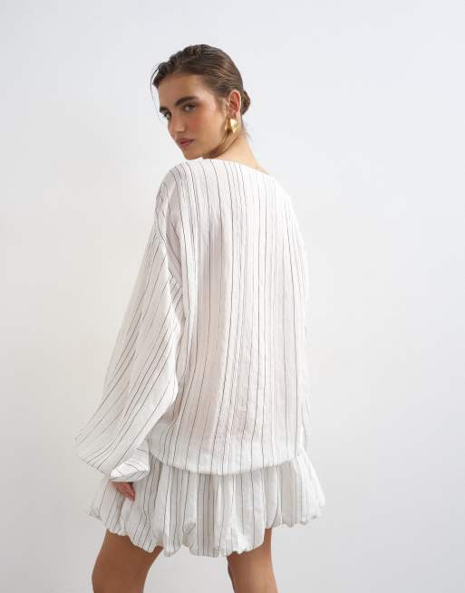 Topshop – Langärmliges Blouson-Minikleid in gestreiftem Weiß, 4 von 4
