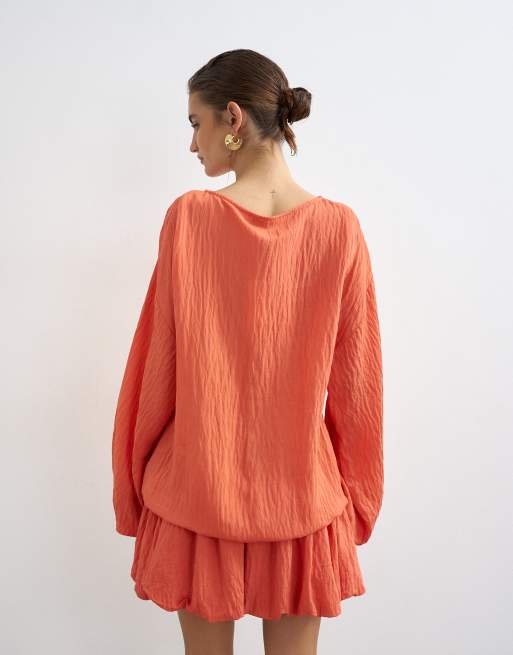 Topshop – Langärmliges Blouson-Minikleid in leuchtendem Korallenrot, 4 von 4