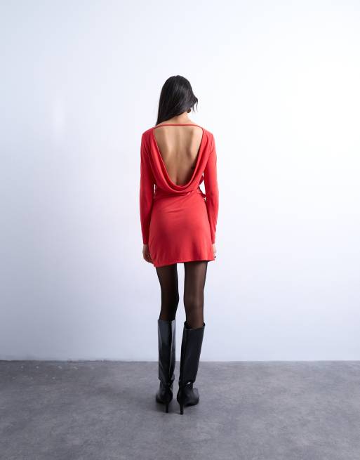 Topshop – Langärmliges Cupro-Minikleid in Rot mit Wasserfall-Rückenausschnitt, 2 von 4