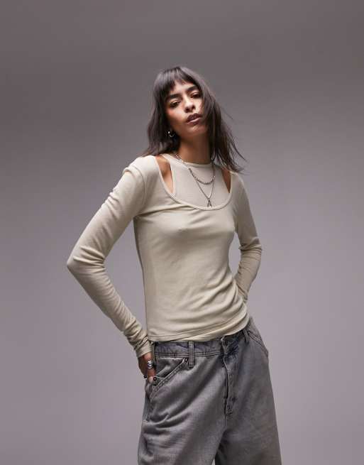 Topshop – Langärmliges durchscheinendes und doppellagiges Oberteil aus hochwertigem Material in Steinbeige mit Ringerausschnitt
