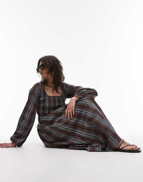 Topshop – Langärmliges, gesmoktes Midikleid mit Vintage-Karomuster in Blau - view 1
