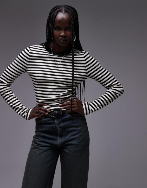 Topshop – Langärmliges, gestreiftes Oberteil in Schwarz-Weiß mit U-Ausschnitt - view 1