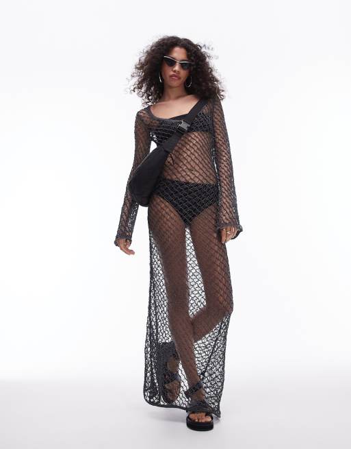 Topshop – Langärmliges, grobmaschiges Maxi-Strickkleid in Anthrazit
