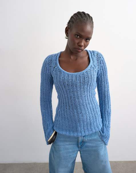 Topshop – Langärmliges, grobmaschiges Strickoberteil in Blau - view 1
