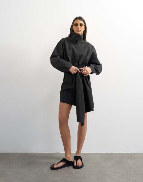 Topshop – Langärmliges Hemdblusenkleid in Anthrazitgrau mit Stehkragen und Wickeldetail - view 1